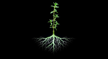Luminous Thyme Plant with Extensive Root System on a Dark Abyss Background