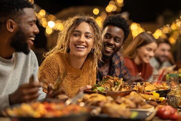 Friends enjoying talking and laughing during festive dinner party