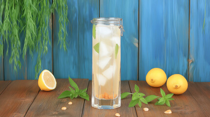 Fototapeta premium glass of iced lemonade with mint leaves and ice cubes
