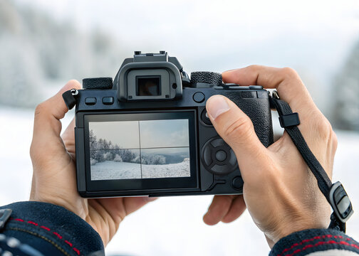 Close-up of photographer holding DSLR camera capturing snowy mountain landscape, world photography day, photography 