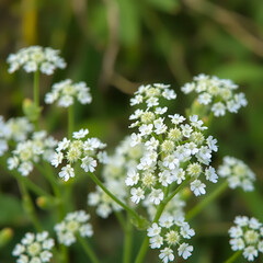 Selective focus of white flowers Cow Parsley in spring, Anthriscus sylvestris, Wild chervil or keck is a herbaceous biennial or short-lived perennial plant in the family Apiaceae, Natural background.