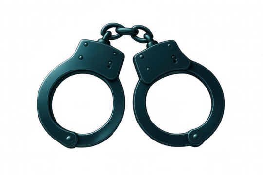 Closed steel handcuffs symbolizing law, justice, and arrest, isolated on a transparent background, ready for compositing