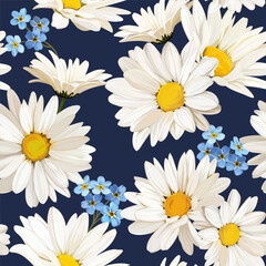 Seamless vector pattern. Daisies, chamomile and forget-me-nots. Summer floral pattern. For printing on fabric, paper, textile