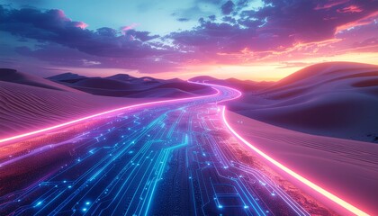 AI Data Stream in Futuristic Circuit Desert