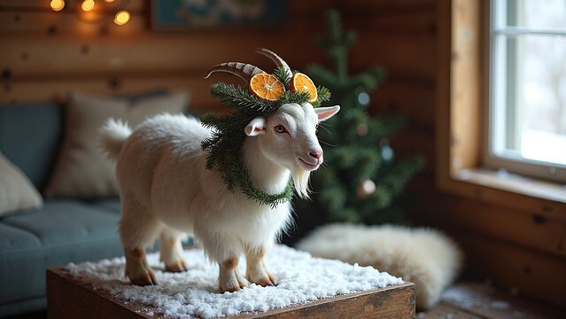 Deux chevreaux d&eacute;cor&eacute;s d&rsquo;une couronne de sapin et d&rsquo;agrumes debout sur un plateau enneig&eacute; dans un int&eacute;rieur de chalet de No&euml;l