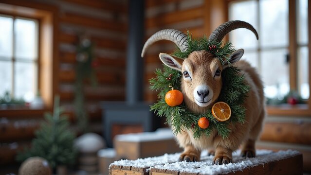 Deux chevreaux d&eacute;cor&eacute;s d&rsquo;une couronne de sapin et d&rsquo;agrumes debout sur un plateau enneig&eacute; dans un int&eacute;rieur de chalet de No&euml;l