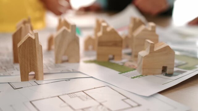 Architect and engineer discuss about building blueprint on table with architectural document, measurement tools scatter around at office, use wooden block for house positioning. Closeup. Delineation.