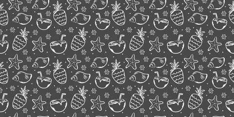 Doodle seamless pattern of summer fruits and seashells. Vector black and white design