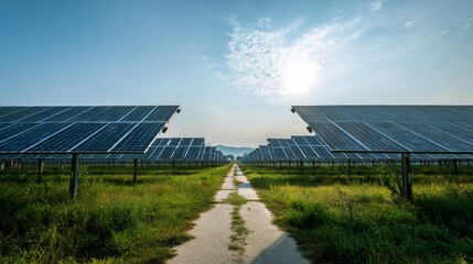 Solar panels generating power on farmland beneath sunny sky