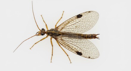 Closeup view delicately detailed insect specimen soft light reveals intricate wing veins. AI Generated