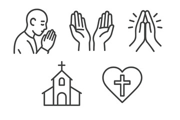 Obraz premium Prayer symbols: worship icon set featuring church, hands, and cross