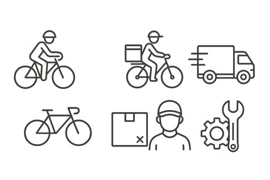 Vector icons of bicycle courier, delivery van, and repair tools