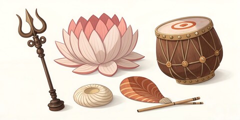 Hindu religious symbols and musical instruments