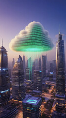 Naklejka premium Cloud made of glowing binary code above a futuristic city skyline at dusk, representing cloud infrastructure in enterprise IT,