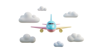 Whimsical toy airplane flying through fluffy clouds