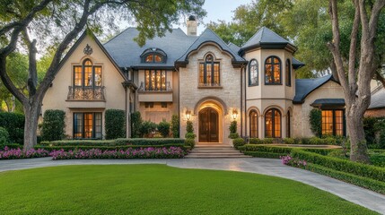 Elegant French-style mansion at dusk, landscaped garden