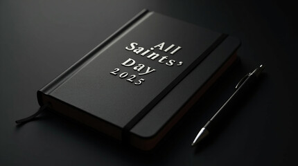 A stylish black notebook with all saints day 2025 inscribed on its cover, accompanied by a pen, evokes a sense of reflection, organization, and the anticipation of upcoming events