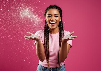 Young woman throws glitter on pink background.