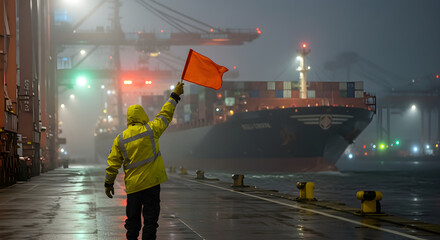 Port worker signals with orange flag near cargo ship in fog.