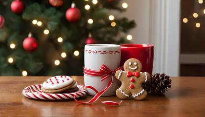 Festive gingerbread man with red mug candy cane and Christmas decorations on rustic wooden table