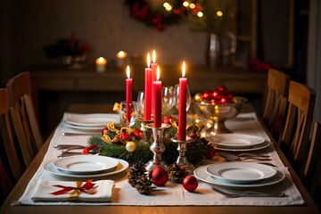 Festive Christmas Dinner Table Setting with Red Candles