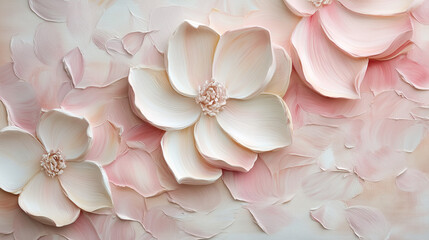 Fototapeta premium Romantic oil painting of blooming, white and blush petals, palette knife texture, soft daylight tones. Textured floral wall art, flowers in soft pink and ivory, sculptural impasto technique, elegant 