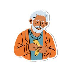 Elderly man with a white beard holding a banana