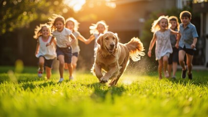 A group of children of different ages laughing and running after a golden retriever dog on a green lawn on a sunny day, concept of a happy family and childhood