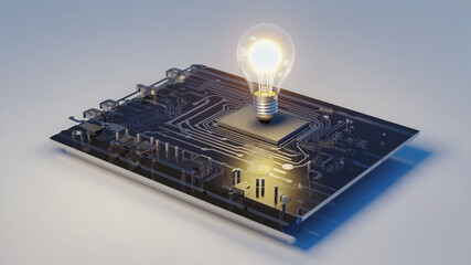 A glowing light bulb floating above a dark polished circuit board, symbolizing innovation in fintech