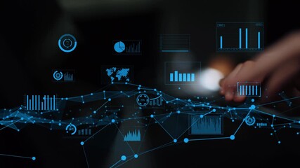 Futuristic data analysis scene showcasing interactive digital graphs and charts that represent business metrics and statistics in a tech-driven workspace. Xenic - Powered by Adobe