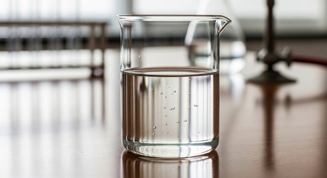 A clear glass beaker with a colorless liquid on a lab bench.