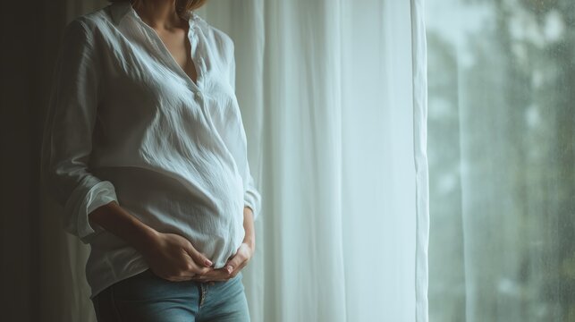 Pregnant woman standing by a window, gently cradling her belly in natural light. - Powered by Adobe