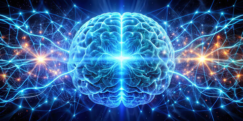 An illuminated brain display showcases intricate neural connections and electric impulses, symbolizing the complexities of cognition and creativity. The vibrant patterns evoke a sense of innovation