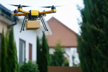 Delivery Drone Hovering for Package Drop off near Suburban Residence