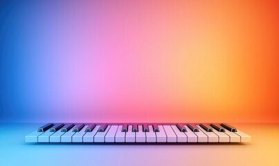 A close-up of a piano keyboard against a vibrant gradient background of blue, pink, and orange hues, creating a minimalist and artistic composition. The keys are neatly aligned, hinting at musicality