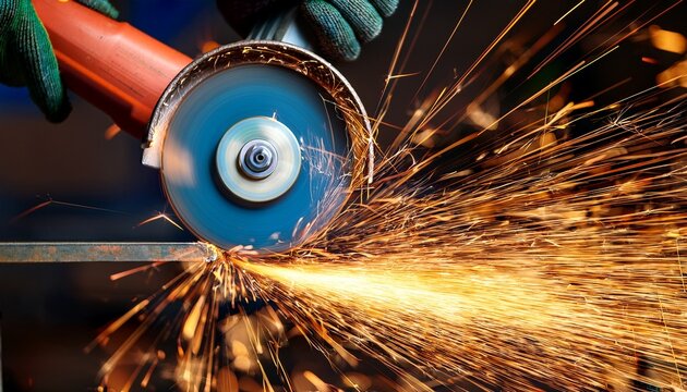 close up of angle grinder cutting metal with flying sparks