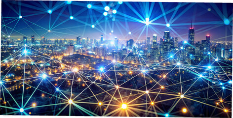 A bustling city skyline illuminates the night as digital connections crisscross over the landscape, symbolizing the synergy of technology and urban environments in a modern setting