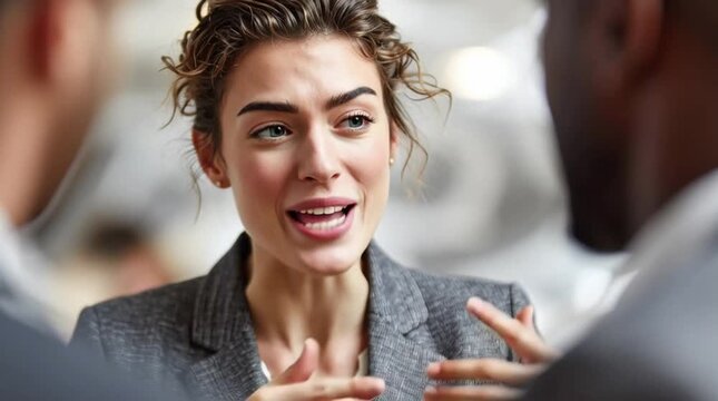 Smiling Woman with Curly Hair in Engaging Group Meeting with Blurred Colleagues: Ideal for Commercial Use in Team Collaboration Videos