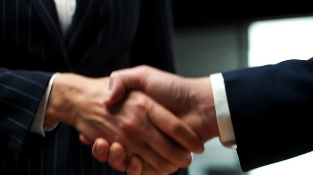 Close-up of two people in business suits shaking hands, symbolizing a successful agreement.