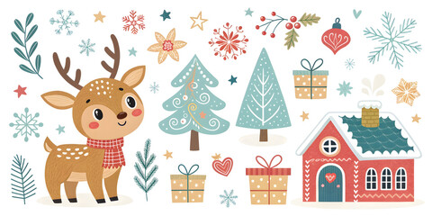 Cute cartoon reindeer christmas trees gifts snowflakes and house collection illustration
