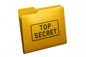 Yellow folder marked top secret lying flat against transparent surface, symbolizing confidential data storage and classified document security