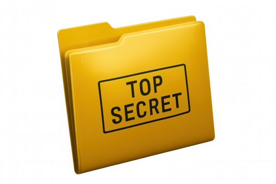 Yellow folder marked top secret lying flat against transparent surface, symbolizing confidential data storage and classified document security