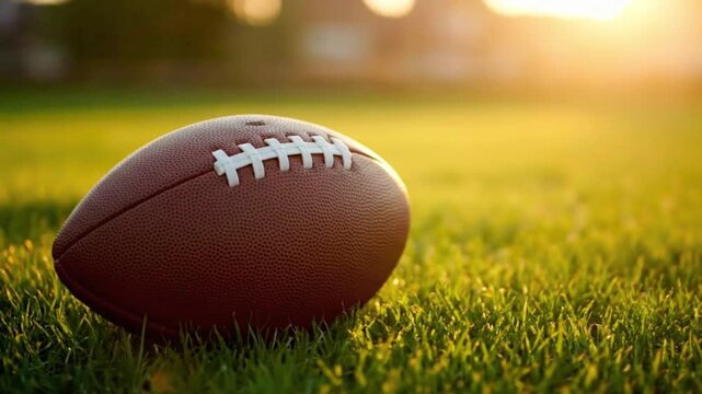 American football resting on green grass at sunset, ready for a game - Powered by Adobe