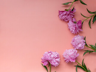 Top view of pink peonies on peach background. Spring flowers. Wedding invitation, romantic card.