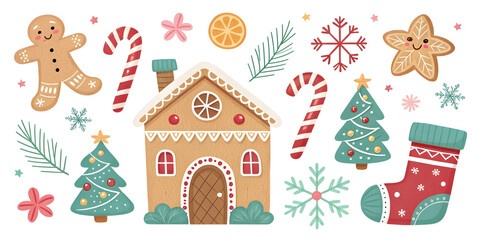 Cute Christmas gingerbread man candy cane trees house stocking snowflakes and orange slice