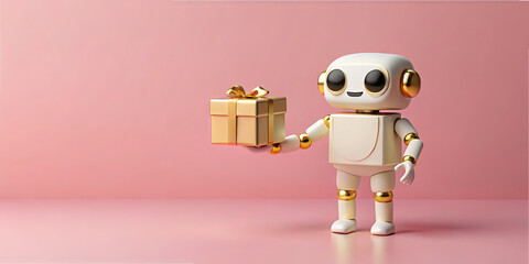 A friendly robot stands against a soft pink backdrop, holding a small gift adorned with a golden ribbon. It embodies joy and excitement, perfect for special occasions