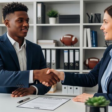 Student-Athlete Shaking Hands with Compliance Officer After Signing NIL Contract &ndash; Professional Office Scene