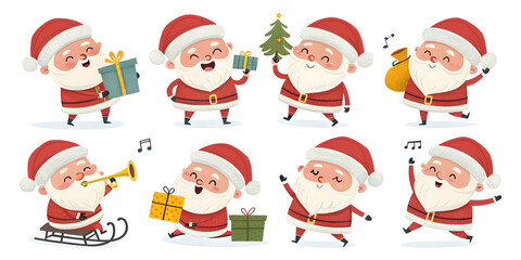 Eight cute cartoon Santa Clauses in various poses with gifts and musical notes on white background