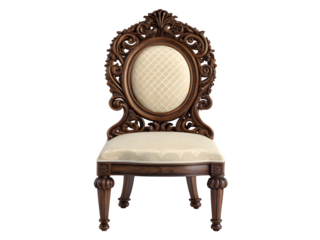 Antique ornate carved dark wood chair with upholstered seat and back isolated on transparent background