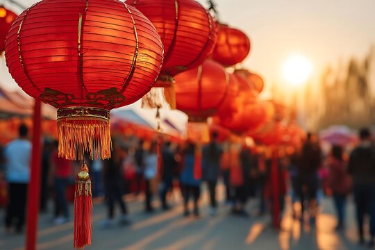 Red lanterns illuminating busy chinese new year market at sunset - Powered by Adobe